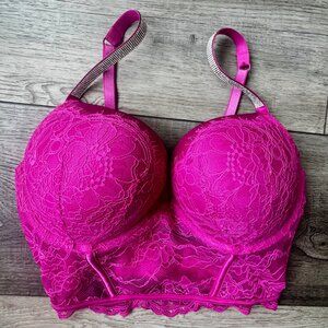 Victoria Secret Very Sexy Rhinestone Lace Bustier 36C Push Up Hot Pink Bra